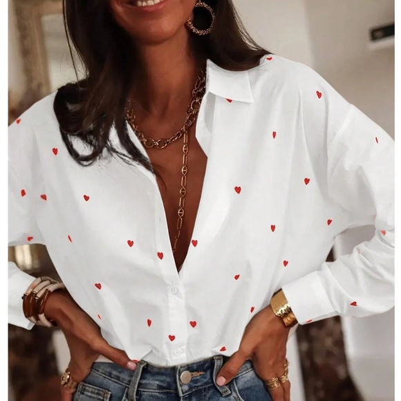 White Casual Shirt Red Hearts Button Down Up Long Sleeve - Picture 1 of 11